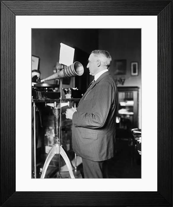 Framed Print : Senator Warren Harding making a phonograph of a speech during his 1920 Presidential campaign. The future President referred to his public speaking as bloviating