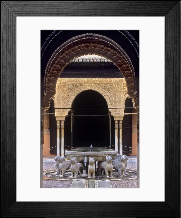 Framed Print : SPAIN. Granada. Alhambra. Alhambra, Nazari Palace. Court of the Lions, build in 1377 by Mohamed V. View of the fountain. Hispano-Moresque art. Nasrid dynasty Framed Print : SPAIN. Granada. Alhambra. Alhambra, Nazari Palace. Court of the Lions, build in 1377 by Mohamed V. View of the fountain. Hispano-Moresque art. Nasrid dynasty
