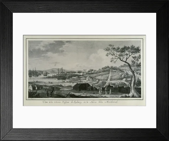 Framed Print : Australia (18th c.). English colony of New South Wales. Drawing by Fernando Brambila illustrating the scientific expedition of Alejandro Malaspina (1789-1794). Litography. SPAIN Framed Print : Australia (18th c.). English colony of New South Wales. Drawing by Fernando Brambila illustrating the scientific expedition of Alejandro Malaspina (1789-1794). Litography. SPAIN