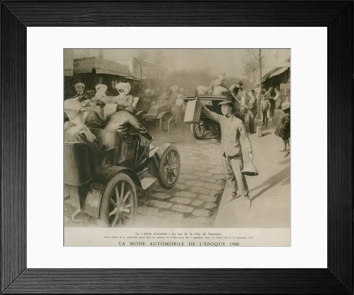 Framed Print : Gasoline vendors with gasoline cans and funnels sell fuel to drivers in Suresnes a suburb of Paris in 1903. Illustration by L. Sabattier