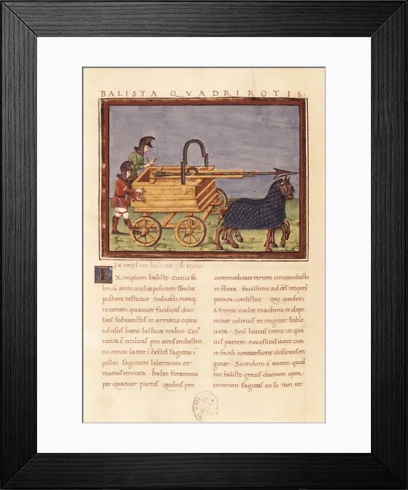 Framed Print : Ballista quadrirotis. Carroballista. Roman siege machine four wheeled mounted on cart of horses
