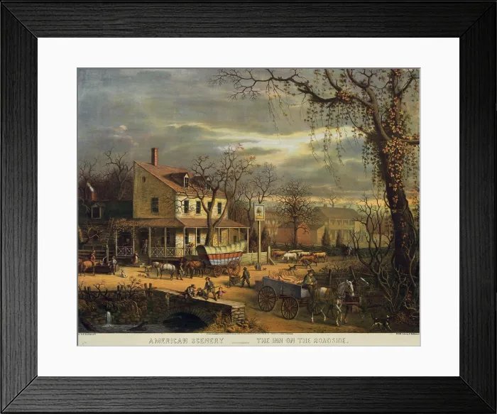 Framed Print : Roadside Inn at a busy crossroads in rural America. Traffic includes horses cows a Conestoga wagon and a man drives a cart hauling slaughtered pigs. 1872. LC-DIG-pga-03254 Framed Print : Roadside Inn at a busy crossroads in rural America. Traffic includes horses cows a Conestoga wagon and a man drives a cart hauling slaughtered pigs. 1872. LC-DIG-pga-03254
