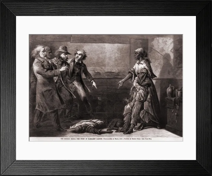 Framed Print : Effects of the Fugitive-Slave-Law. The modern Medea, the tragedy of Margaret Garner. Margaret Garner, an escaped slave, stands with her two sons as slave catchers approach Framed Print : Effects of the Fugitive-Slave-Law. The modern Medea, the tragedy of Margaret Garner. Margaret Garner, an escaped slave, stands with her two sons as slave catchers approach