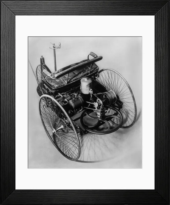 Framed Print : The Benz three-wheeler made in 1885 was the first practical automobile to use an internal combustion engine. LC-USZ62-48300_DUPE Framed Print : The Benz three-wheeler made in 1885 was the first practical automobile to use an internal combustion engine. LC-USZ62-48300_DUPE