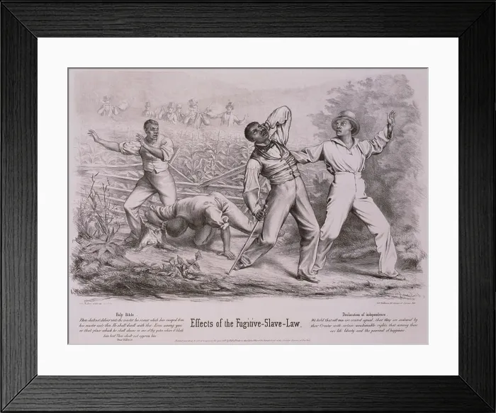 Framed Print : Effects of the Fugitive-Slave-Law. Four black men, possibly fugitive slaves, but also possibly free blacks, are ambushed by a posse of six armed whites in a cornfield