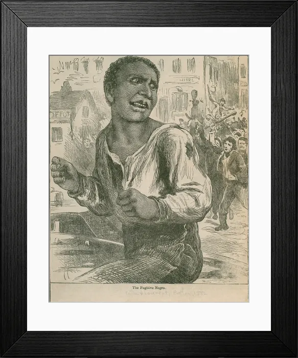 Framed Print : An 1882 engraving entitled, THE FUGITIVE NEGRO, shows an African American running in an urban street from a mob of white men holding clubs Framed Print : An 1882 engraving entitled, THE FUGITIVE NEGRO, shows an African American running in an urban street from a mob of white men holding clubs