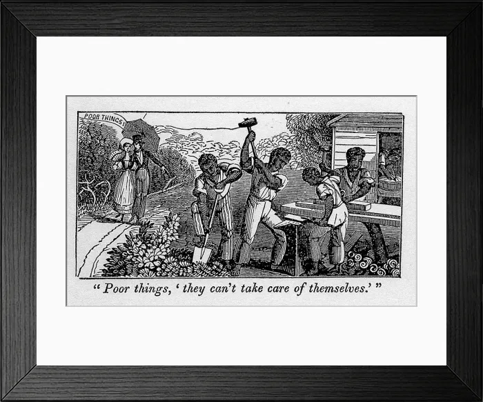 Framed Print : Abolitionist cartoon satirizing slave holders racist justifications for enslavement of blacks