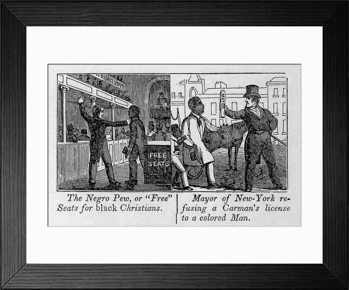 Framed Print : Cartoons depicting the racial discrimination suffered by free blacks in the cities of the Northern Free states. Illustrations of the Antislavery Almanac for 1840 Framed Print : Cartoons depicting the racial discrimination suffered by free blacks in the cities of the Northern Free states. Illustrations of the Antislavery Almanac for 1840
