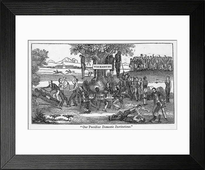 Framed Print : Abolitionist cartoon entitled, Our Peculiar Institutions, shows slavery in a lawless society engaged in dueling, knife fighting, cock fighting, lynching, fist fighting