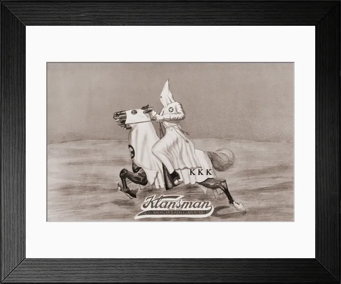Framed Print : 1923 tobacco label for Klansman All-American Cigar Co. Dallas, Texas, showing Klansman on horseback Framed Print : 1923 tobacco label for Klansman All-American Cigar Co. Dallas, Texas, showing Klansman on horseback