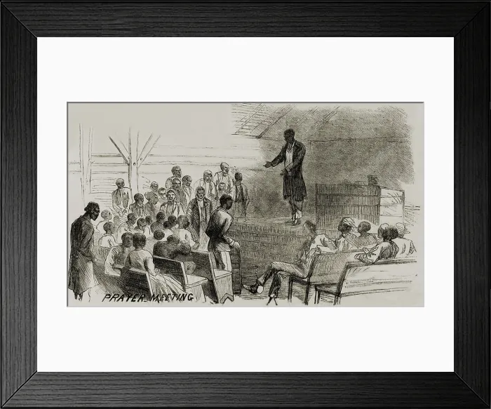 Framed Print : African American freedmen in a prayer meeting after the end of the U.S. Civil War Framed Print : African American freedmen in a prayer meeting after the end of the U.S. Civil War