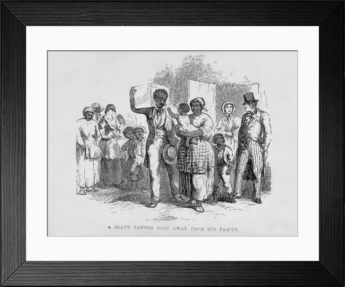 Framed Print : A slave father sold away from his family. 1853 illustration by Hammat Billings from UNCLE TOM'S CABIN, showing Haley taking Tom away from the Shelby's and his family