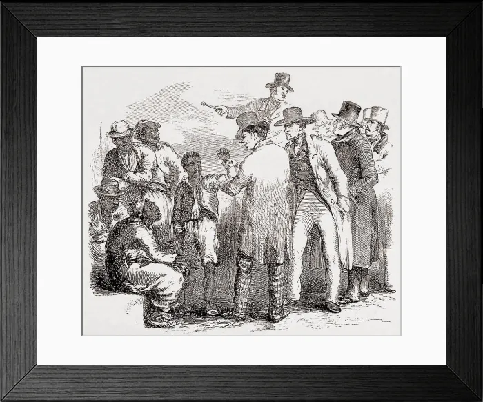 Framed Print : Enslaved African American sold at an auction. 1853 illustration by Hammat Billings from UNCLE TOM'S CABIN, showing Albert being sold at auction