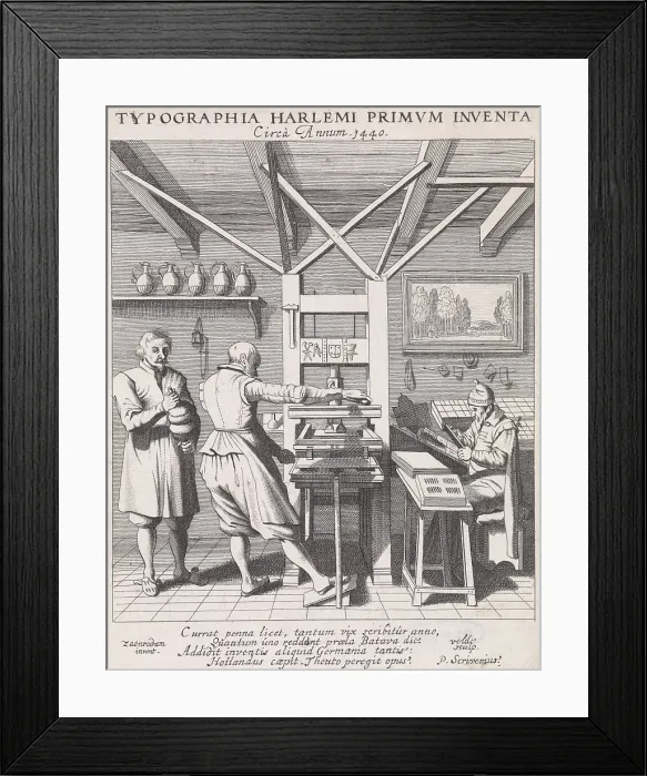 Framed Print : Figures at a Press, by Jan van de Velde and Petrus Scriverius, 1628, Dutch print, etching on paper. The purported invention of the printing press by Laurens Coster in Haarlem, ca Framed Print : Figures at a Press, by Jan van de Velde and Petrus Scriverius, 1628, Dutch print, etching on paper. The purported invention of the printing press by Laurens Coster in Haarlem, ca