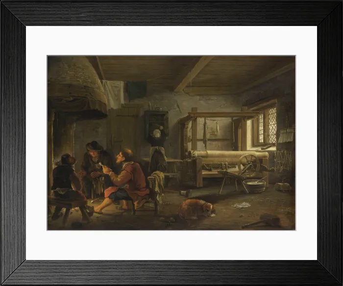 Framed Print : A Weaver's Workshop, by Johannes van Oudenrogge, 1652, Dutch painting, oil on panel. Interior of a weaving shop, with three men talking and smoking at a fireplace