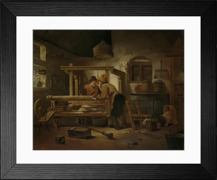 Framed Print : Weaver's Workshop, Cornelis Gerritsz Decker, 1659, Dutch painting, oil on panel. Two weavers have a conversation at a loom Framed Print : Weaver's Workshop, Cornelis Gerritsz Decker, 1659, Dutch painting, oil on panel. Two weavers have a conversation at a loom