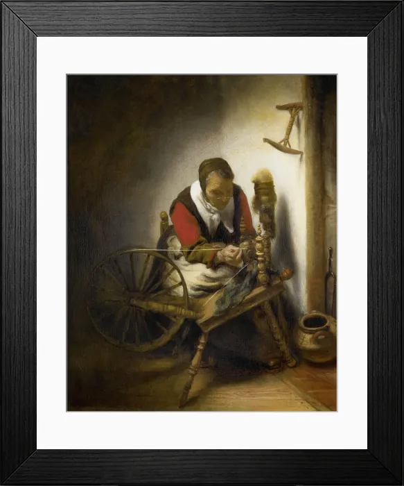 Framed Print : The Spinner, a Niddy-noddy Hanging on the Wall, Nicolaes Maes, 1652-62, Dutch painting, oil on panel. An old woman, wearing eyeglasses, wool spinning in the corner of a room Framed Print : The Spinner, a Niddy-noddy Hanging on the Wall, Nicolaes Maes, 1652-62, Dutch painting, oil on panel. An old woman, wearing eyeglasses, wool spinning in the corner of a room