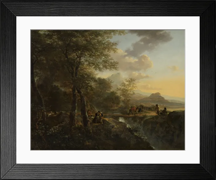 Framed Print : Italian Landscape with a Draughtsman, by Jan Both, 1650-52, Dutch painting, oil on canvas. Walking and riding travelers pass over a bridge in an Italian landscape
