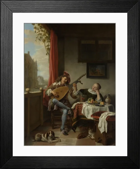 Framed Print : The Lutenist, by Hendrick Sorgh, 1661, Dutch painting, oil on panel. Young man is singing and playing the lute on an open veranda beside a young women