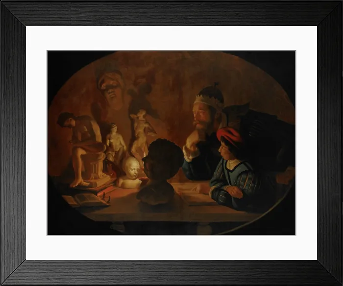 Framed Print : The Drawing Lesson, by Jan ter Borch, 1634, Dutch painting, oil on canvas. A boy draws plaster casts in candlelight, as an older man watches (BSLOC_2016_3_225)