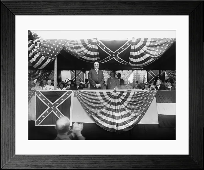 Framed Print : President Warren Harding at Confederate memorial services at Arlington National Cemetery. June 5, 1922. The VIP enclosure was decorated with Federal and Confederate flags Framed Print : President Warren Harding at Confederate memorial services at Arlington National Cemetery. June 5, 1922. The VIP enclosure was decorated with Federal and Confederate flags