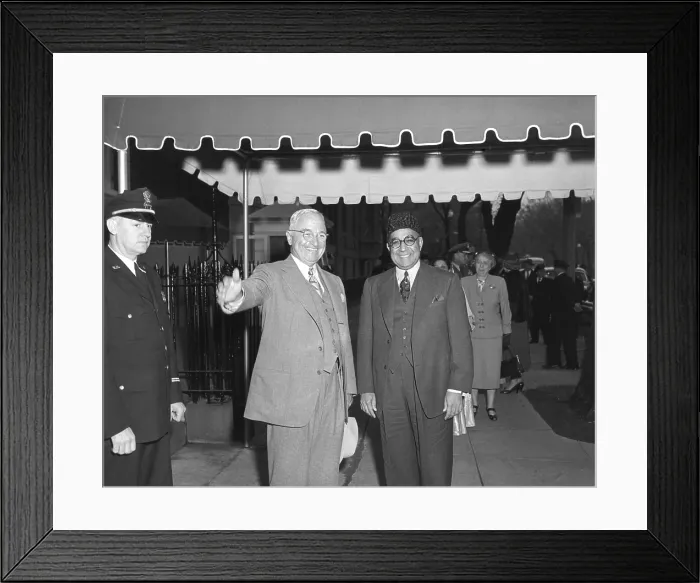 Framed Print : President Harry Truman and Prime Minister Liaquat Ali Khan of Pakistan in Washington, D.C. In background is First Lady Bess Truman. May, 3, 1950. - (BSLOC_2014_15_32)