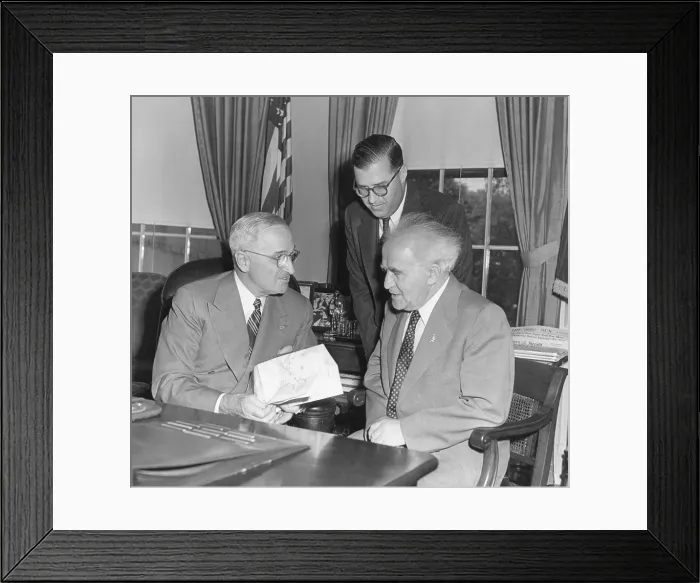 Framed Print : President Harry Truman meeting with PM David Ben-Gurion (seated) and Ambassador Abba Eban of Israel. May 8, 1951. - (BSLOC_2014_15_33)