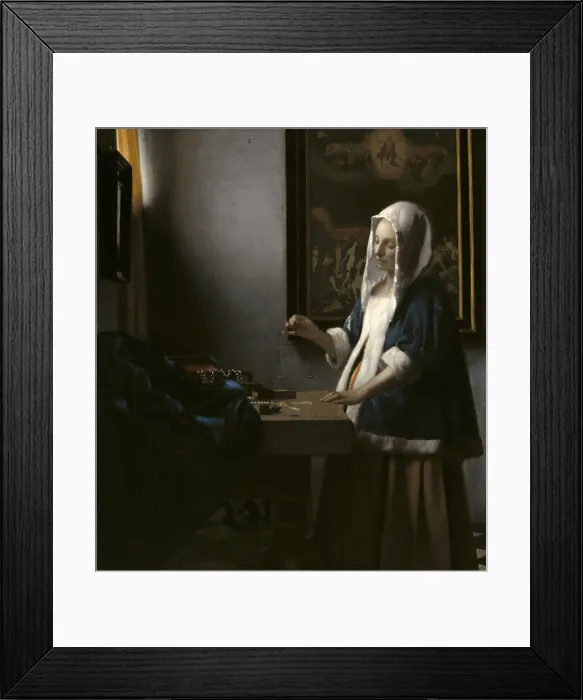 Framed Print : Woman Holding a Balance, by Johannes Vermeer, c. 1664, Dutch painting, oil on canvas