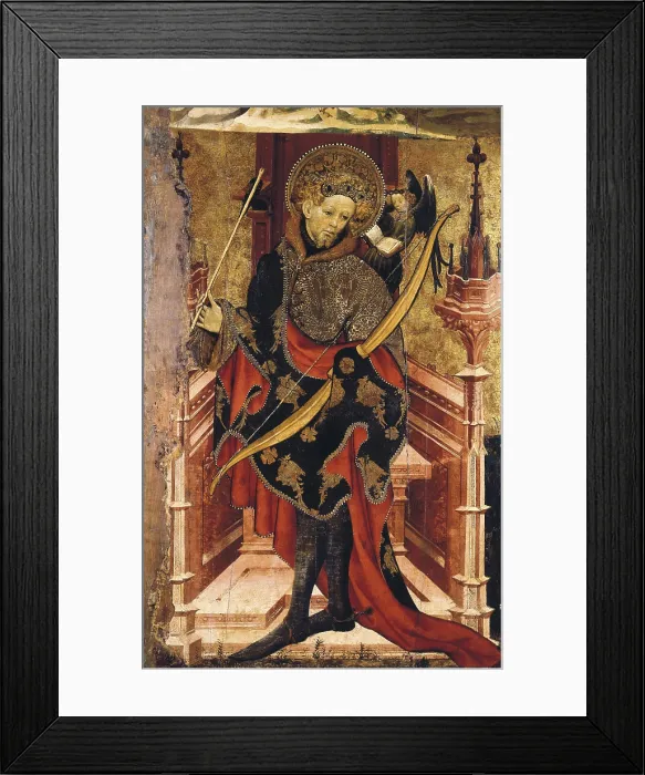 Framed Print : MATES, Joan (14th century-15th century). Saint Sebastian and Crucifixion. ca. 1417 - ca. 1425. Lower detail depicting Saint Sebastian. International gothic. Tempera on wood