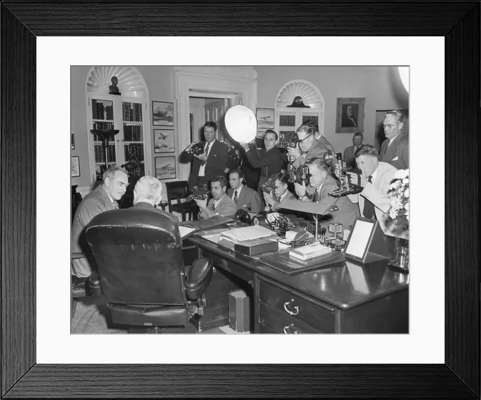 Framed Print : President Harry Truman (back to camera) in the Oval Office with Secretary of State Dean Acheson, Dec. 21, 1950