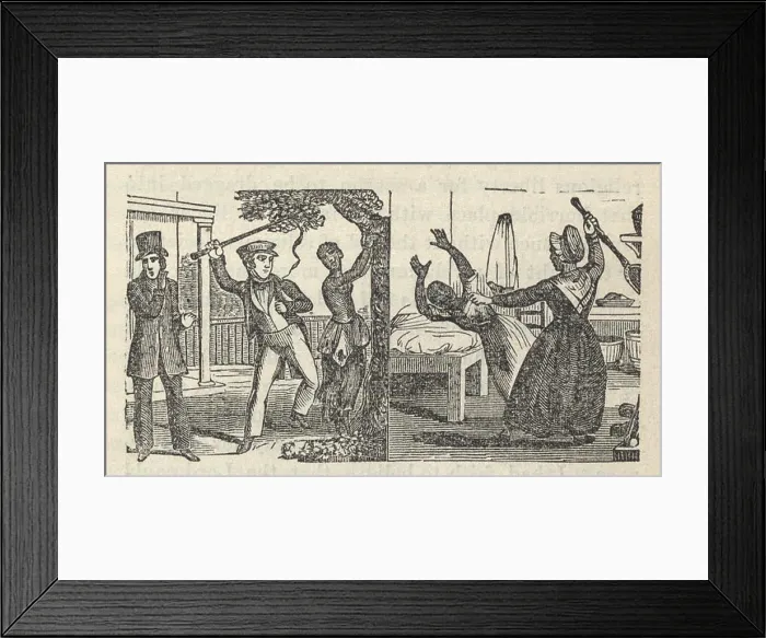 Framed Print : Dual illustration of the harsh conditions Henry Bibb witnessed under his new owner, Deacon Francis Whitfield in the Red River Valley of Louisiana Framed Print : Dual illustration of the harsh conditions Henry Bibb witnessed under his new owner, Deacon Francis Whitfield in the Red River Valley of Louisiana