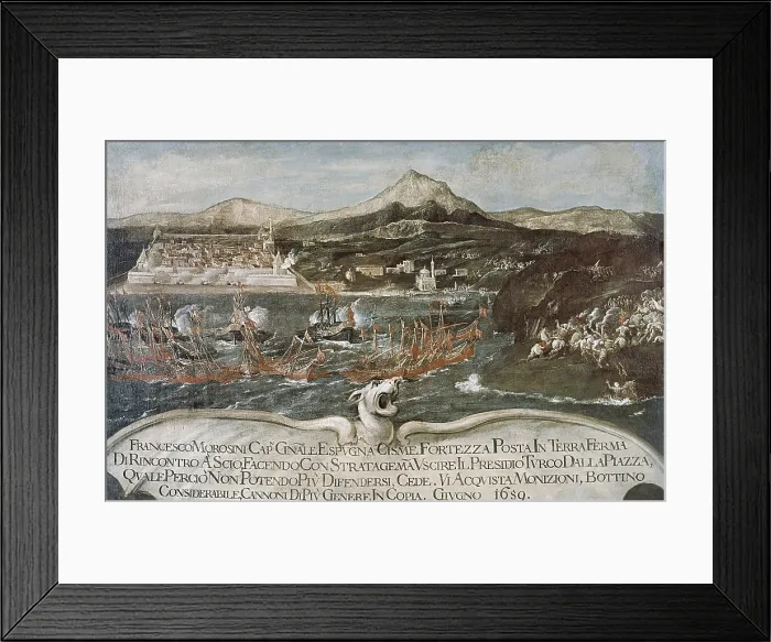 Framed Print : Turkish-Venetian Wars. War of Candia or Cretan War (1645-1669). The venetian fleet commanded by Doge Francesco Morosini, conquer the fortress of Cisme to the Turks in June 1659