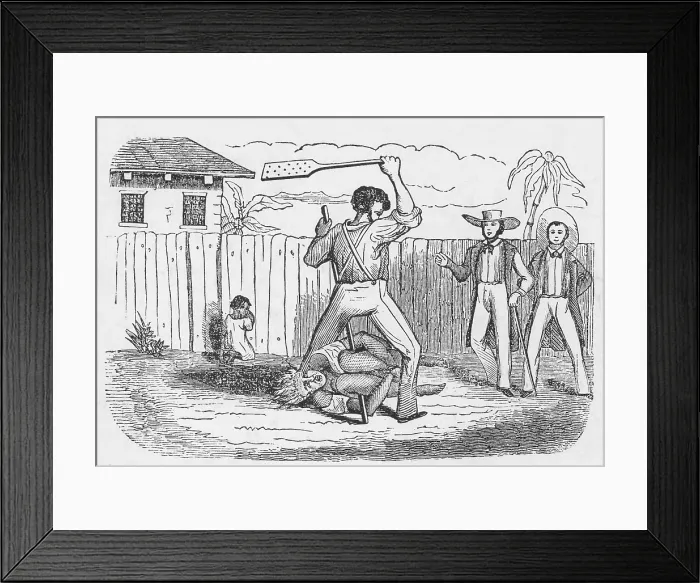 Framed Print : An abolitionists image shows an enslaved slaveundergoes a beating with a hickory paddle while helplessly contorting with staffs and ropes
