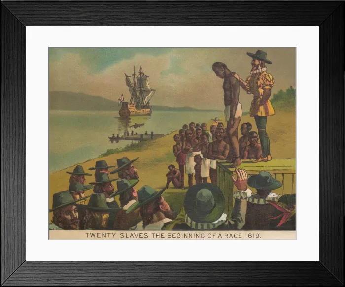 Framed Print : Auctioning of newly arrived African captives in Jamestown, Virginia in 1617. Lithographic illustration of 1897