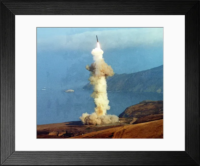 Framed Print : A Minuteman III intercontinental ballistic missile is launched from a pad on Vandenberg Air Force base. Aug. 20 1982. (BSLOC_2011_12_307)