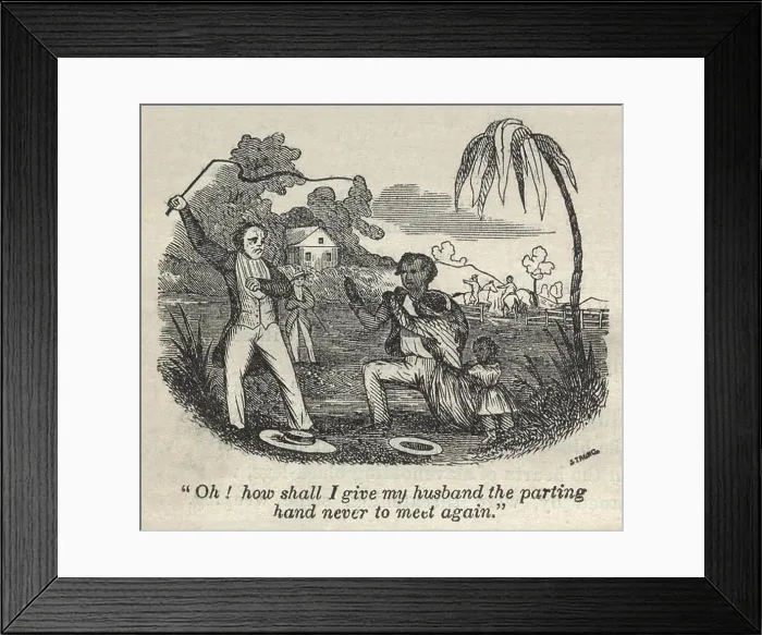 Framed Print : Slave Henry Bibb begs for his family. After Henry Bibb's failed escape from his Louisiana master, he was sold to a group of traveling gamblers (in background)