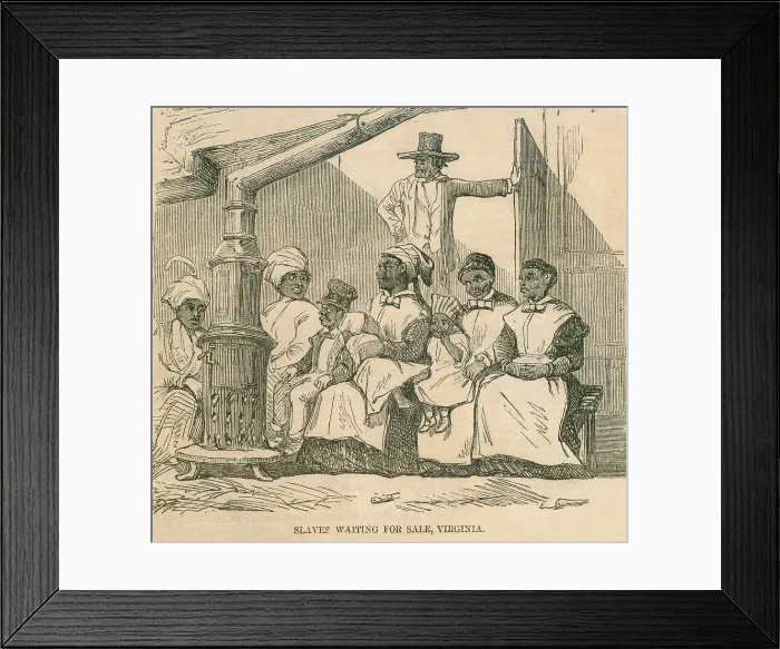 Framed Print : Enslaved African American women with their children gather sit near a stove as they await being auctioned in Richmond, Virginia in 1856