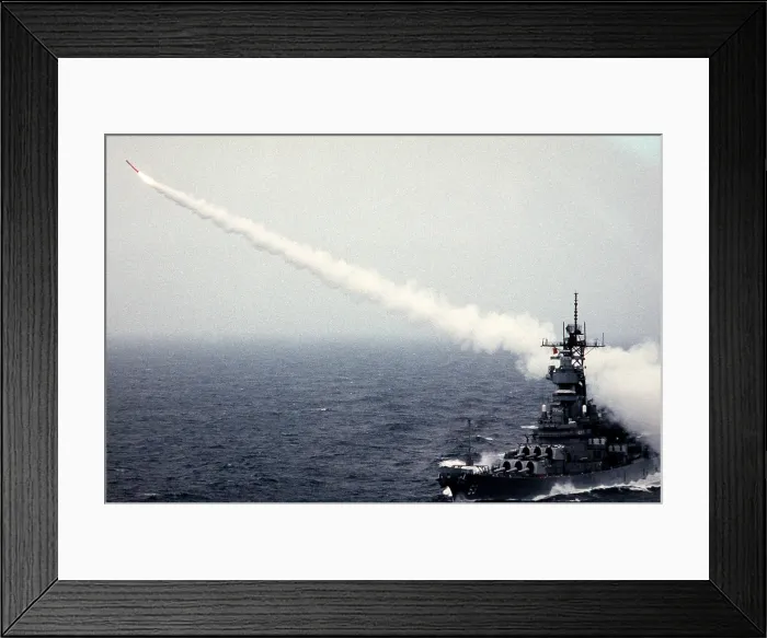 Framed Print : Tomahawk long-range cruise missile launches from the battleship USS MISSOURI during a weapons training exercise. June 1 1988. (BSLOC_2011_12_294)