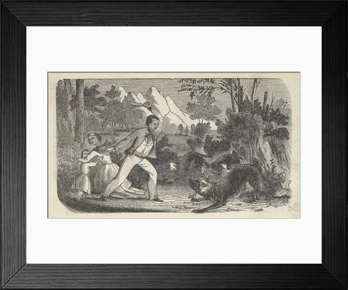 Framed Print : Fugitive slave Henry Bibb with his wife and child are confronted by a wolf pack as they flee through the back woods of northwest Louisiana Framed Print : Fugitive slave Henry Bibb with his wife and child are confronted by a wolf pack as they flee through the back woods of northwest Louisiana