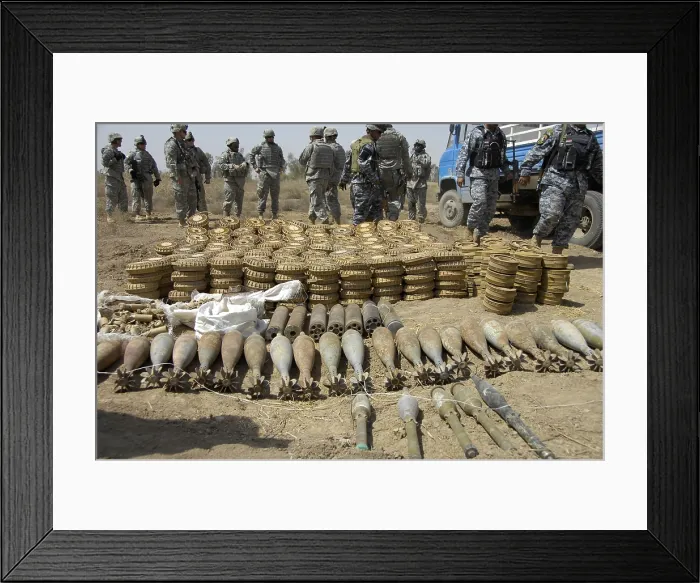 Framed Print : Iraqi National Police and US soldiers discover a weapons cache of 29 120-mm mortar rounds 466 2.2 mines 75 2.4 mines seven Chinese 107-mm rockets Framed Print : Iraqi National Police and US soldiers discover a weapons cache of 29 120-mm mortar rounds 466 2.2 mines 75 2.4 mines seven Chinese 107-mm rockets