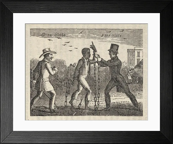 Framed Print : Allegorical illustration of a slave's transition to liberty as he escapes his owner and is embraced by an Abolitionist in a Free State
