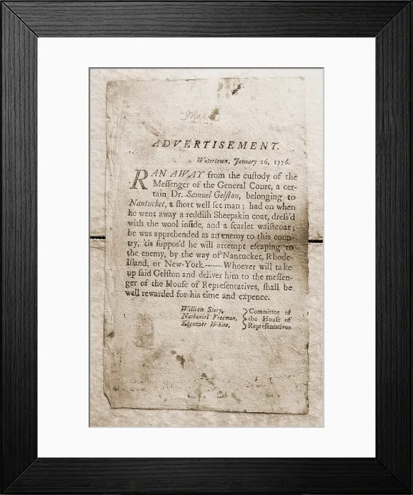 Framed Print : 1776 advertisement for the return of a runaway slave, who was suspected of traveling to join the British Army