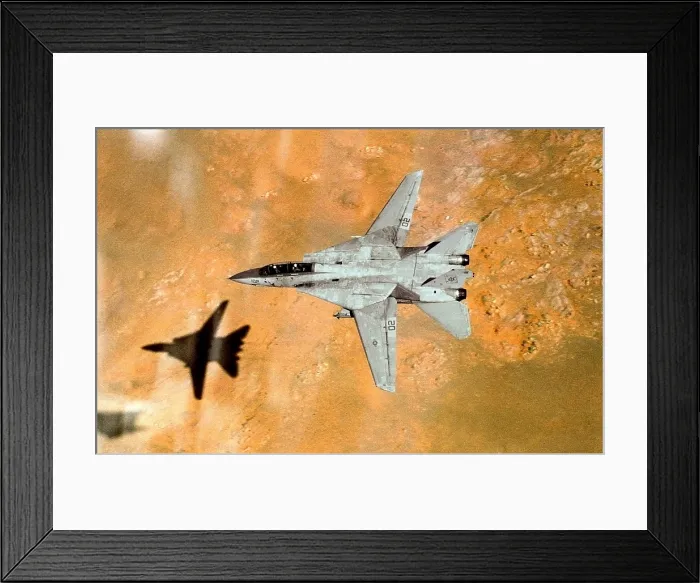 Framed Print : F-14 Tomcat aircraft passes over western Saudi Arabia during low-altitude flight from the aircraft carrier USS THEODORE ROOSEVELT. Apr 1 1991. (BSLOC_2011_12_1)