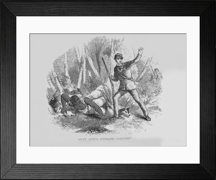 Framed Print : Runaway slave with armed slave catcher and dogs. 1853 illustration by Hammat Billings from UNCLE TOM'S CABIN, showing St. Clare rescuing Scipio from the dogs Framed Print : Runaway slave with armed slave catcher and dogs. 1853 illustration by Hammat Billings from UNCLE TOM'S CABIN, showing St. Clare rescuing Scipio from the dogs