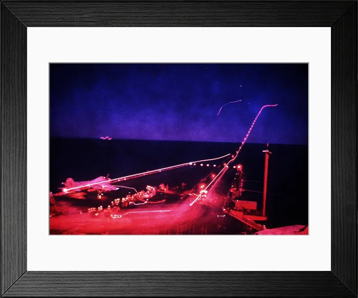 Framed Print : Night flight operations aboard the aircraft carrier USS SARATOGA during Operation Desert Storm of 1991. Feb. 1 1991. (BSLOC_2011_12_2)