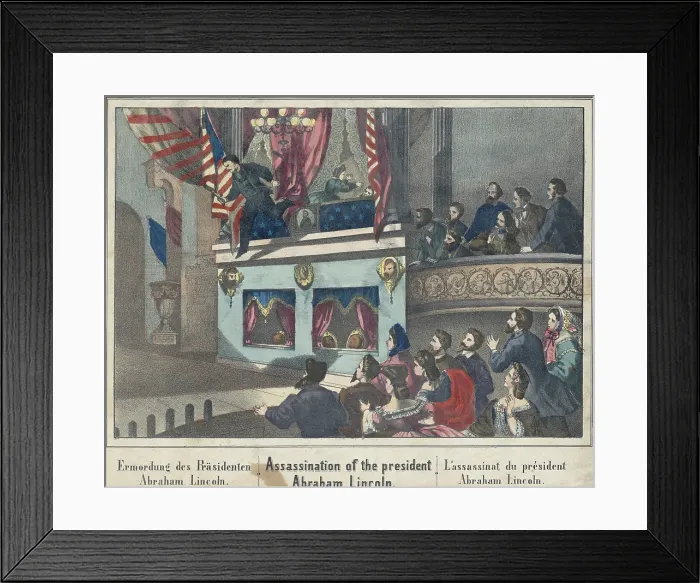 Framed Print : The Assassination of President Lincoln. The assassin, John Wilkes Booth, jumps from the Presidential box onto the stage of Ford's Theater