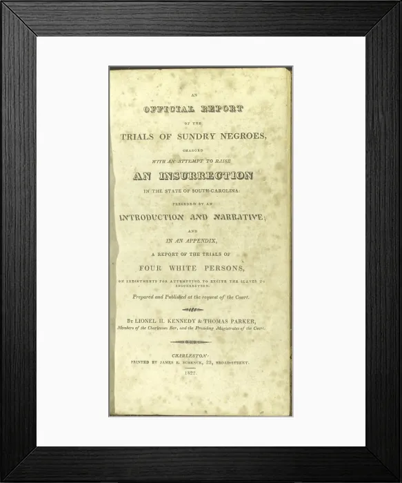 Framed Print : Title page from AN OFFICIAL REPORT OF THE TRIALS OF SUNDRY NEGROS, CHARGED WITH AN ATTEMPT TO RAISE AN INSURRECTION IN THE STATE OF SOUTH CAROLINA