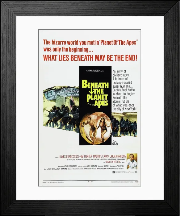 Framed Print : BENEATH THE PLANET OF THE APES, US poster, from center left: James Franciscus, Linda Harrison, bottom left: Charlton Heston, 1970 Framed Print : BENEATH THE PLANET OF THE APES, US poster, from center left: James Franciscus, Linda Harrison, bottom left: Charlton Heston, 1970