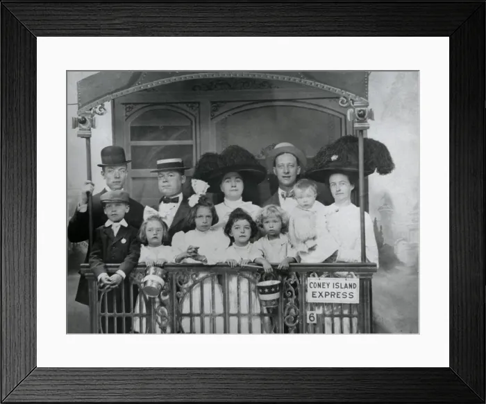 Framed Print : Alfred E. Smith and friends in a staged Studio Portrait, on The Coney Island Express. Ca. 1910