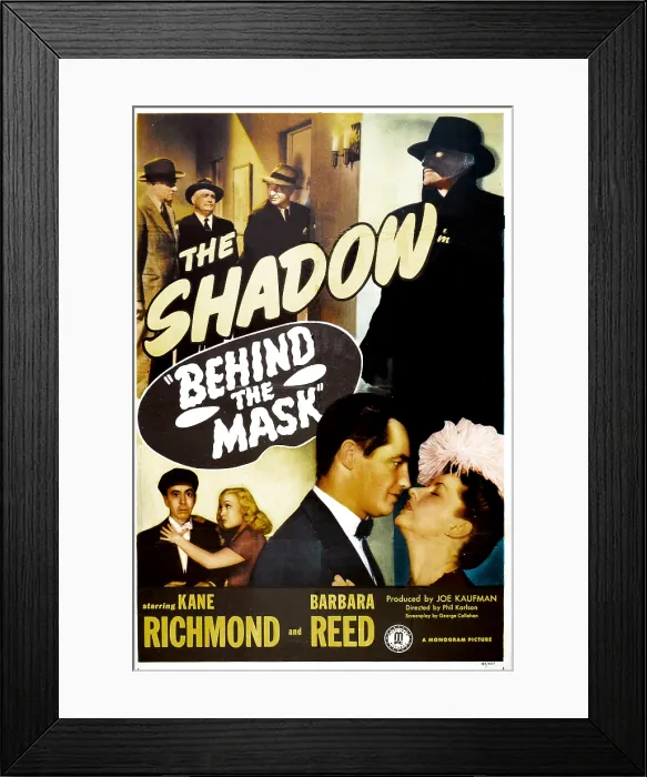 Framed Print : BEHIND THE MASK, US poster, (aka THE SHADOW BEHIND THE MASK), Kane Richmond, Barbara Reed, 1946 Framed Print : BEHIND THE MASK, US poster, (aka THE SHADOW BEHIND THE MASK), Kane Richmond, Barbara Reed, 1946